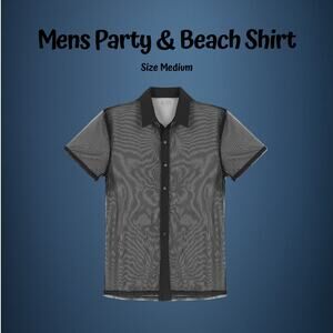 Mens Black Sheer Short Sleeve Collared Buttoned Beach Club & Party Shirt Size M